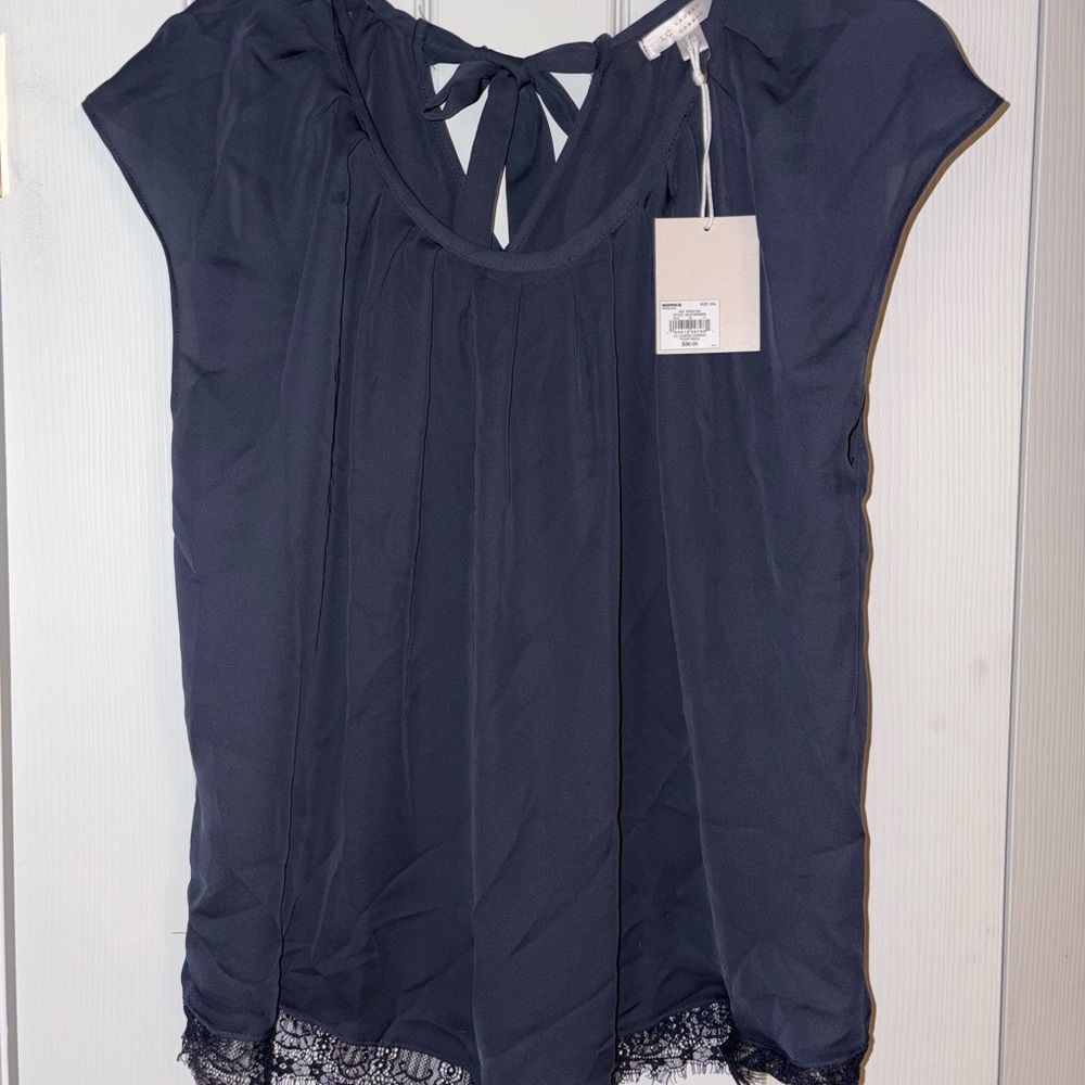 LC Lauren Conrad Navy Blouse with Lace Hem